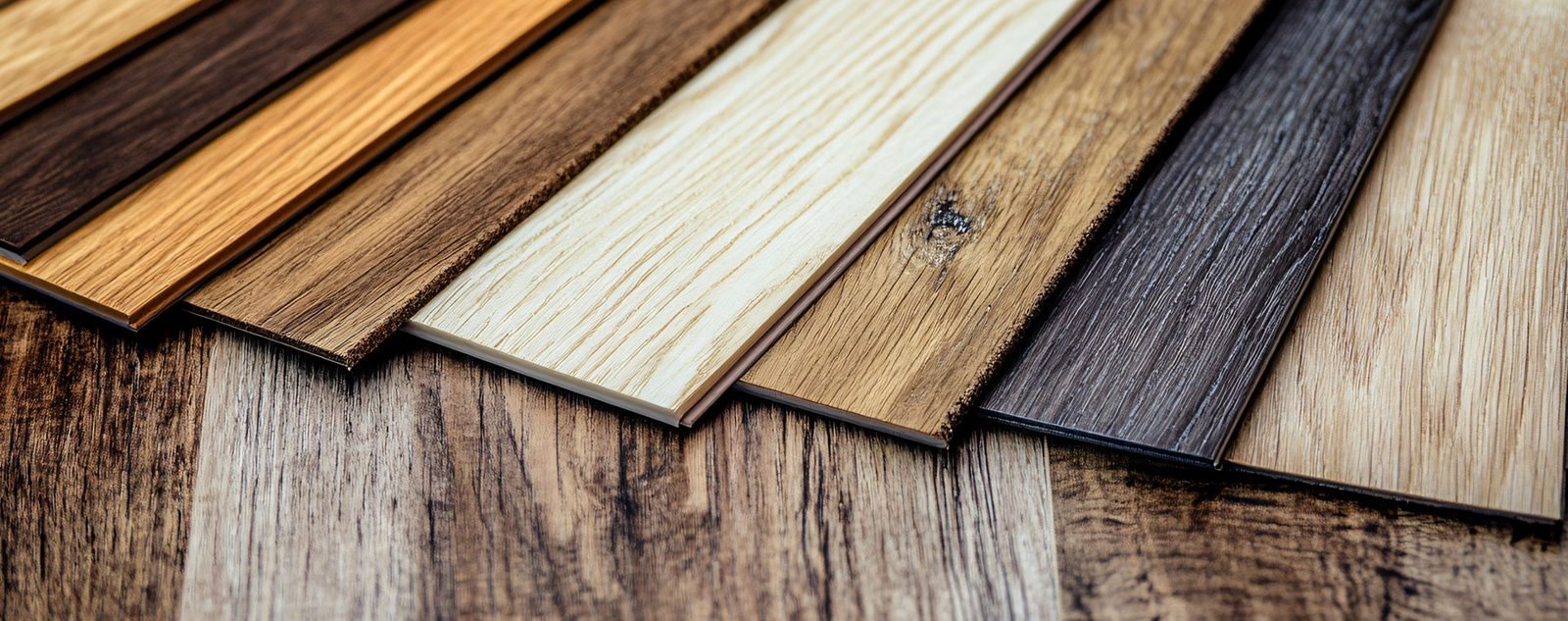 Flooring samples fanned out on a table